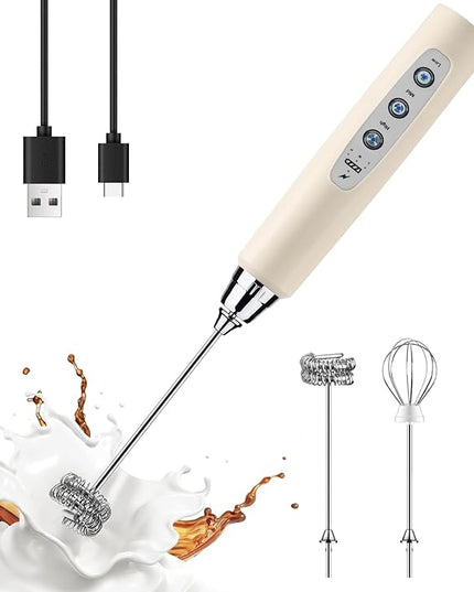 YUSWKO Beige Handheld Milk Frother Wand for Coffee, Rechargeable Electric Whisk with 3 Heads 3 Speeds Drink Mixer Coffee Frother For Latte, Cappuccino, Hot Chocolate, Egg