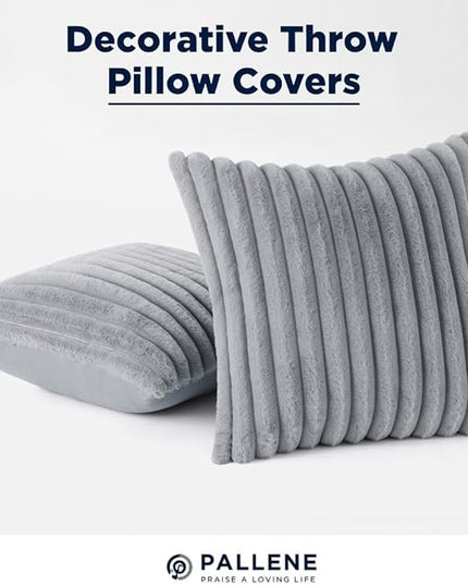 Pallene Faux Fur Plush Throw Pillow Covers 22x22 Set of 2, Luxury Soft Fluffy Striped Decorative Pillow Covers for Sofa, Couch, Living Room, Grey
