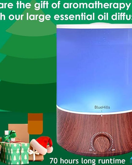 BlueHills Premium 4000 ml XL Essential Oil Diffuser 4L 4 Liter 70 Hour Run Humidifier Aromatherapy 1 Gallon Big Capacity High Mist Output for Extra Large Room Home Mood Lights Dark Wood Grain E402