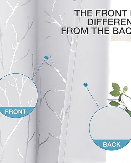 BUHUA White Black Out Curtains 84 Inch Long 2 Panels, Soundproof Curtains with Elegant Silver Tree Branches Print, Heat Blocking Curtains for Livingroom, 52W x 84L, Greyish White