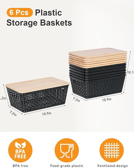 Storage Bins with Lids 10 Packs, Plastic Storage Bins with Bamboo Lids for Pantry Organization and Storage Containers for Shelves Drawers Desktop Closet Playroom Classroom Office Home, Black
