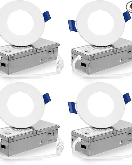 Meconard 4 Pack 3 Inch 5CCT LED Recessed Ceiling Light with Junction Box, 2700K/3000K/3500K/4000K/5000K Selectable Ultra-Thin Lighting, Dimmable 6W=60W, 600LM, IC Rated Can-Killer Downlights, ETL
