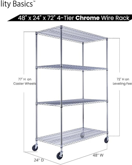 NSF Commercial 4-Tier Wire Shelving with Wheels, 48"x24"x72" Heavy Duty Metal Shelves 3200 lbs Max Capacity, Chrome Storage Rack for Garage Kitchen Pantry Warehouse