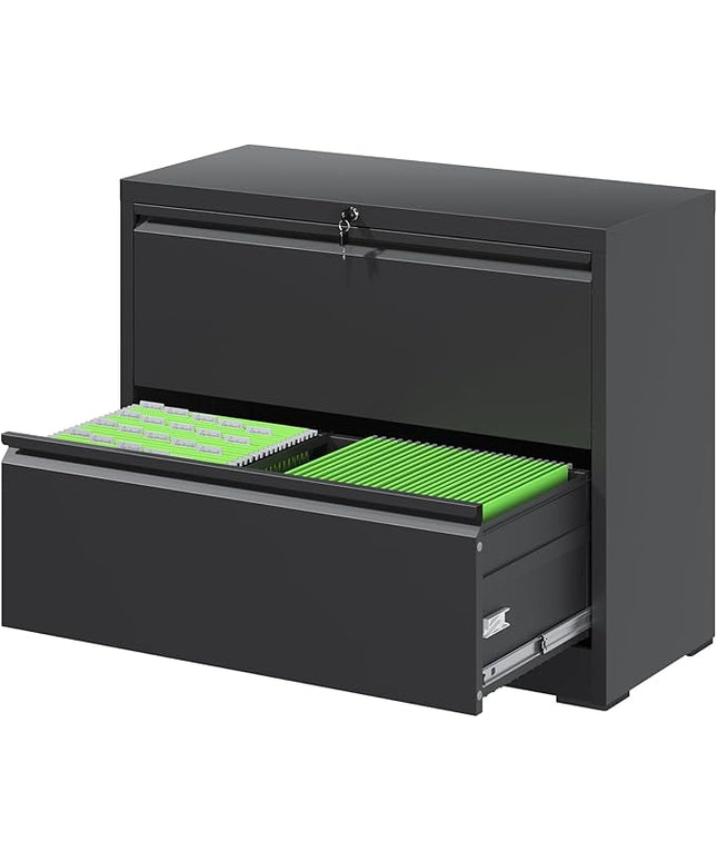 File Cabinets 2 Drawer,Metal Office Storage Filing Cabinet with Lock,Black Lateral Filing Cabinet for Home Office,Horizontal 2-Drawer File Cabinets for Legal/Letter/A4,Assembly Require,Black