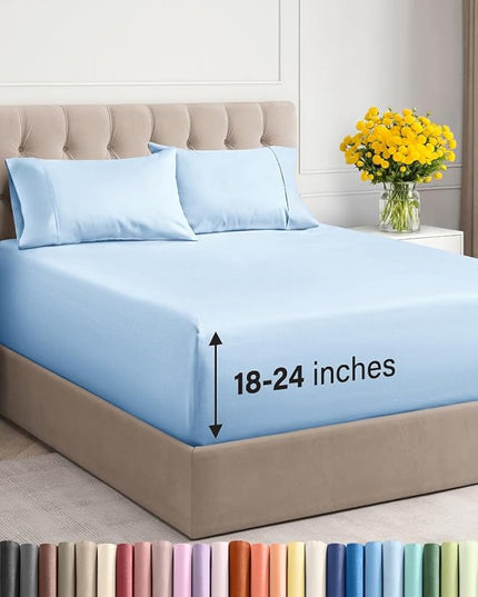 Extra Deep Twin XL Sheet Set - 4 Piece Breathable and Cooling Sheets - Hotel Luxury Bed Sheets Set - Easy Fit - Soft, Wrinkle Free and Comfy Sheets Set - Light Blue Sheet Set with Extra Deep Pockets