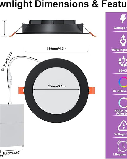 Black Smart Recessed Lighting 4 Inch RGBCW Color Changing 12W LED Downlight with Junction Box,1000 Lumen Recessed Ceiling Light Compatible with Alexa,Dimmable by Bluetooth Control -1Pack