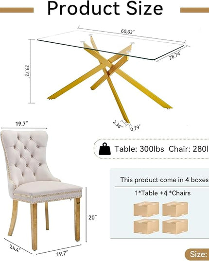 60" Glass Dining Table Set for 4, Modern Dining Room Table Set for 4, Gold X-Shape Pedestal Glass Table with 4pcs Beige Dining Chairs, 5 Piece Dining Set for Dining Living Room