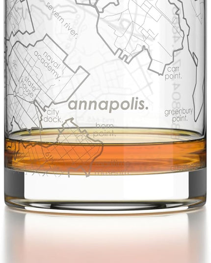Well Told Engraved Annapolis Maryland Map Rocks Glass, Old Fashioned Glassware (11 oz, Clear) Etched Bourbon Tumbler, Gifts For Whiskey Lovers