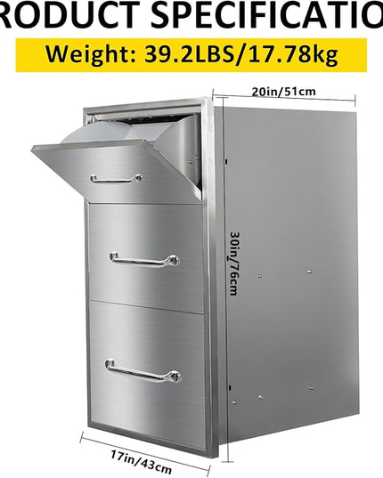 Outdoor Kitchen Drawers with Paper Towel Holder 17" W x 30"H Flush Mount BBQ Drawers with Chrome Handle,Stainless Steel Built-in Triple Access Drawers for Outdoor Kitchen Island, Patio Grill Station
