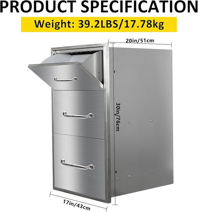 Outdoor Kitchen Drawers with Paper Towel Holder 17" W x 30"H Flush Mount BBQ Drawers with Chrome Handle,Stainless Steel Built-in Triple Access Drawers for Outdoor Kitchen Island, Patio Grill Station