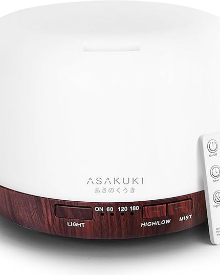 ASAKUKI Essential Oil Diffuser for Home, 500ml Aromatherapy Fragrant Oil Humidifier Vaporizer, 7-Color Light and Auto-Off Safety Switch Reddish-Brown