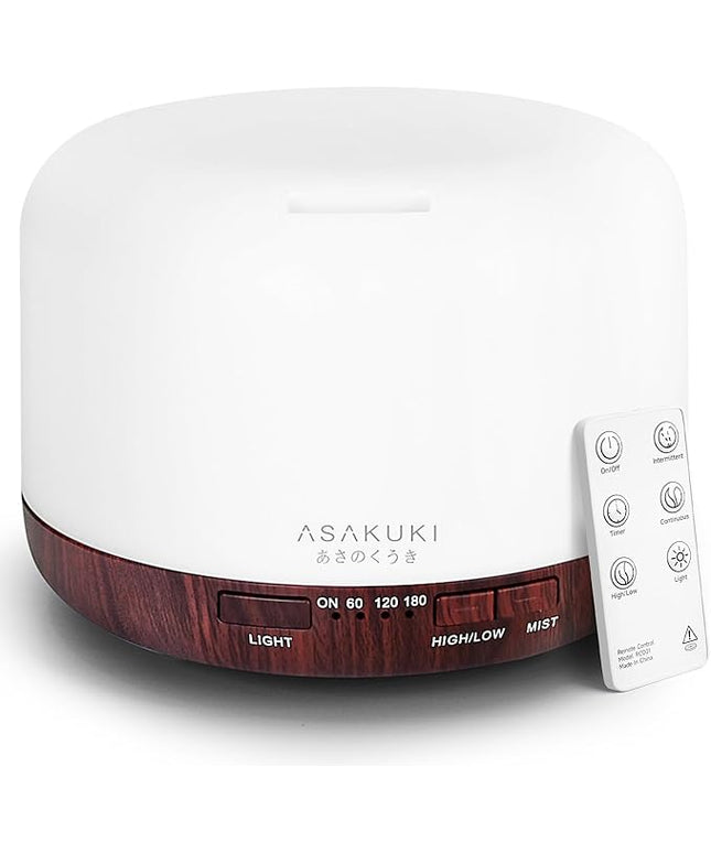 ASAKUKI Essential Oil Diffuser for Home, 500ml Aromatherapy Fragrant Oil Humidifier Vaporizer, 7-Color Light and Auto-Off Safety Switch Reddish-Brown