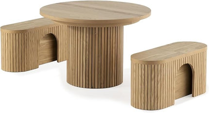 Transformer Table - Solid Wood Extendable Round Dining Table Set with 2 Benches, Seats 4-10, Extendable Round Dining Set, Bench with Panel Storage, Scandinavian Oak, Natural Finish (Table + 2 Benches)