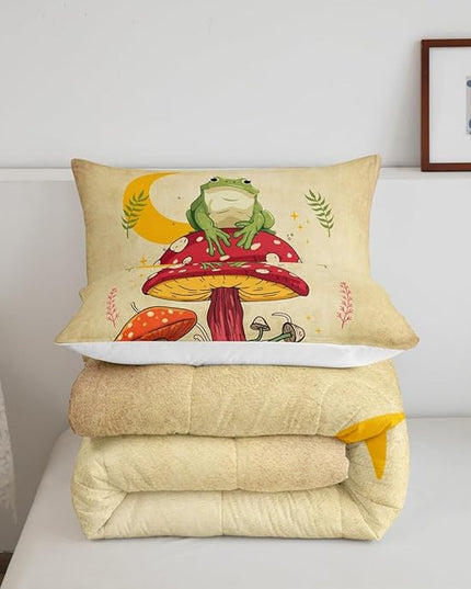 Mushroom Kids Comforter Set Full Size,Frog Plants Botanical Colorful Bedding Set,Girls Boys Adults Bedroom Decor,Sun Moon Starry Sky Down Comforter,Brown Rustic Retro Duvet Insert,2 Pillowcases