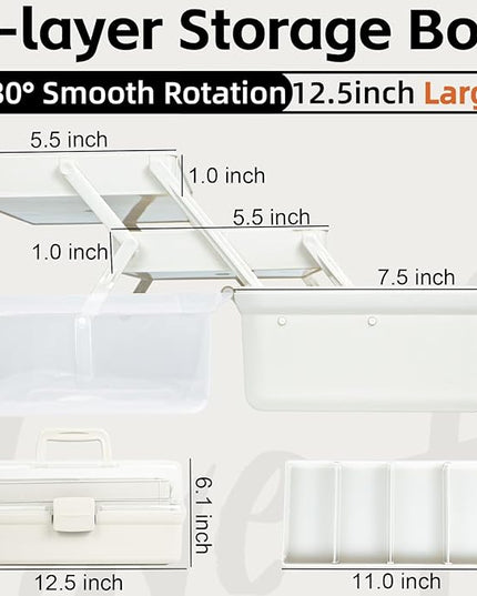 12.5in 3-Layer Multipurpose Craft Organizers and Storage with Adjustable Dividers, Portable Tackle Box, Folding Art & Craft Case for Medicine, Tool, Sewing Organizer (White)