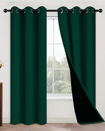 Yakamok 100% Blackout Curtains for Bedroom with Black Liner, Thermal Insulated 2 Layer Full Room Darkening Noise Reducing Grommet Blackout Drapes (42Wx84L,Dark Green, 2 Panels)