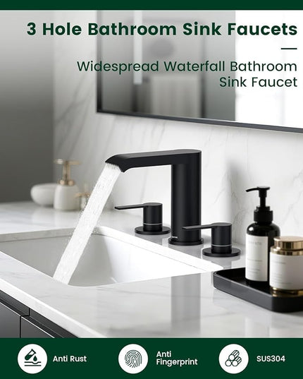 DAYONE Matte Black 3 Holes Bathroom Sink Faucet Widespread, 2 Handles Lavatory Vanity Faucet with Pop Up Drain & Supplies Lines