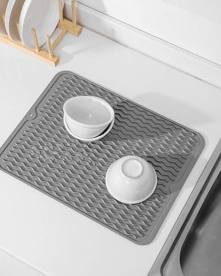 Silicone Dish Drying Mat for Multiple Usage,Easy clean,Eco-friendly,Heat-resistant Silicone Mat for Kitchen Counter or Sink,Refrigerator or drawer liner Grey L 16 inches x 12 inches