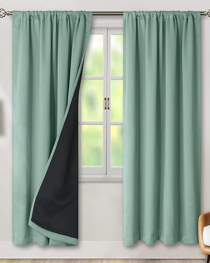 BGment 100% Blackout Curtains for Bedroom with Black Liner, Double Layer Full Room Darkening Noise Reducing and Thermal Insulated Rod Pocket Curtain (52 x 72 Inch, Frosty Green, 2 Panels)