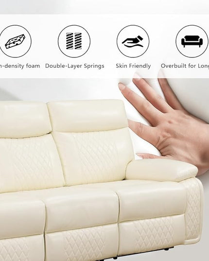 Power Recliner Sofa Sectional Couches with LED Light, Leather Reclining 3-Seat Sofa, Living Room Furniture, Reclining Sofa with Cup Holders/Storage Console for House(Vanilla White)