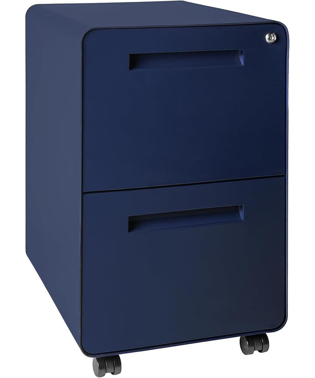 Laura Davidson Furniture Stockpile 2 Drawer Mobile File Cabinet with Lock - Under Desk Metal Filing Cabinet, Legal/Letter File Folders, Wheels and Stationary Feet, Pre-Assembled, Navy Blue