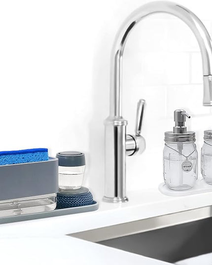 Silicone Organizer Tray, Soap and Sponge Holder for Kitchen Sink, Bathroom - Storage Tray for Dish Brush, Soap Dispenser, Dishwashing Accessories- 2 Pack (Clear)