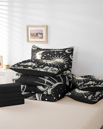 Feelyou Sun Moon Trippy Comforter Set King Size 7 Pieces Bohemian Style Bedding Set Cosmic Celestial Bed Set Bed in a Bag with Comforter, Sheets, Pillowcases & Cushion Covers