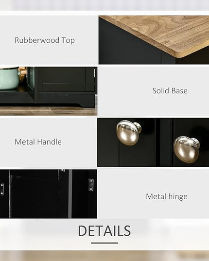 HOMCOM Sideboard with Solid Wood Countertop, Modern Kitchen Storage Cabinet, Coffee Bar Cabinet with 3 Drawers, Doors and Adjustable Shelf, Black