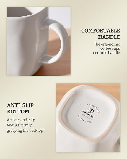 famiware Coffee Mugs Set of 4, Ocean Square 13oz Coffee Cup Set with Handle for Cocoa, Milk, Hot Chocolate, Tea, Water, Stoneware Cups for Kitchen, Microwave and Dishwasher Safe, Matte White