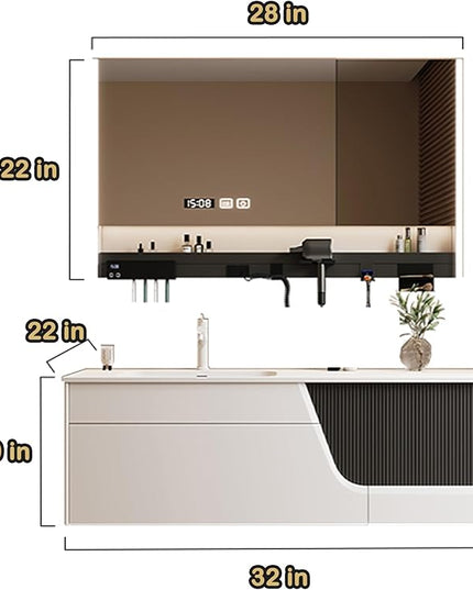 32IN Suspended Bathroom Vanity - Modern Bathroom Vanity with Sink with LED Defogging Mirror & Multifunctional Storage Rack & Large Storage Space & Time Display Function