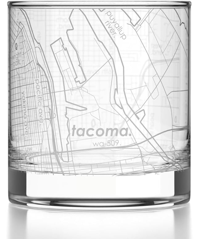 Well Told Engraved Tacoma Washington Map Rocks Glass, Old Fashioned Glassware (11 oz, Clear) Etched Bourbon Tumbler, Gifts For Whiskey Lovers
