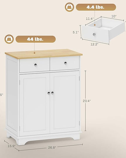 HOMCOM Sideboard Buffet Cabinet with Solid Wood Countertop, Modern Kitchen Storage Cabinet, Coffee Bar Cabinet with 2 Drawers, Doors and Adjustable Shelf, White