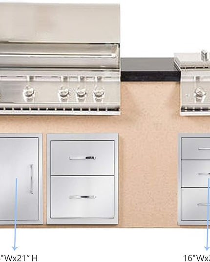 Outdoor Kitchen Drawers Stainless Steel 3-Drawer BBQ Drawer 16" W x 21" H x 23" D Enclosed Built-in Drawer Flush Mount for Outdoor Kitchens & BBQ Islands