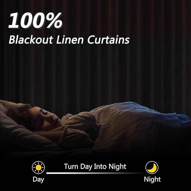 Guken White Linen Blackout Curtains 52 Inch Wide by 64 Inch for Living Room Bedroom Back Tab Thermal Insulated 100% Black Out Linen 2 Drapes Room Darkening Window Curtains Pure White