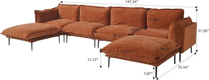 WJShome 147" Modern U-Shaped Couch for Living Room,Velvet Modular Sectional Sofa with Chaise,4-Seater Sofa with 2 Ottomans with Removable Cushions and 8" High Metal Legs, Easy to Clean, Terracotta