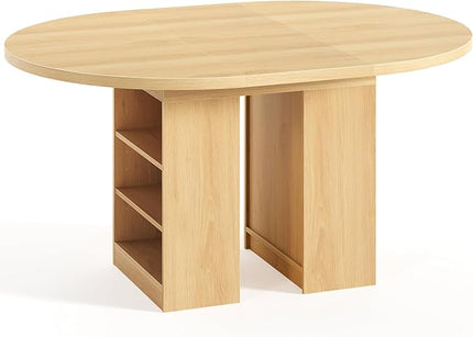 59'' Extendable Dining Table for 4-8, Round Kitchen Room Table with 3-Tier Storage Racks, Adjustable Shelves, Wooden Pedestal Base, for Kitchen, Dinner, Living Room, Office, Natural