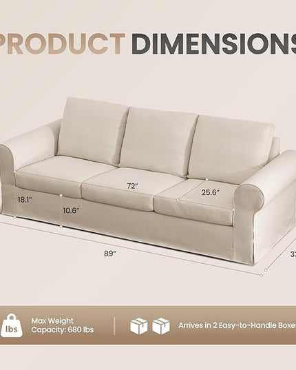 89" 3-Seater Couch, Farmhouse Slipcovered Sofa with Washable Cover, Supportive Cushions & Sturdy Frame, Rolled Arm Beige Couches for Living Room, Small Spaces, Apartment, Office, Easy Assembly