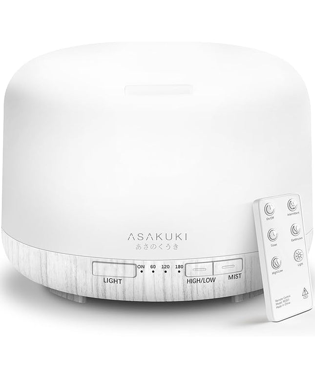 ASAKUKI 500ml Premium Essential Oil Diffuser with Remote Control, 5 in 1 Ultrasonic Aromatherapy Fragrant Oil Humidifier Vaporizer, Timer and Auto-Off Switch (White)