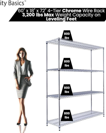 NSF Commercial 4-Tier Wire Shelving with Wheels, 60"x18"x72" Heavy Duty Metal Shelves 3200 lbs Max Capacity, Chrome Storage Rack for Garage Kitchen Pantry Warehouse
