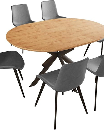 43.2"-59.1" Extendable Round Dining Table Set of 7, Round Kitchen Table with Thickened MDF Board, Oak Coffee Table,Steel Legs