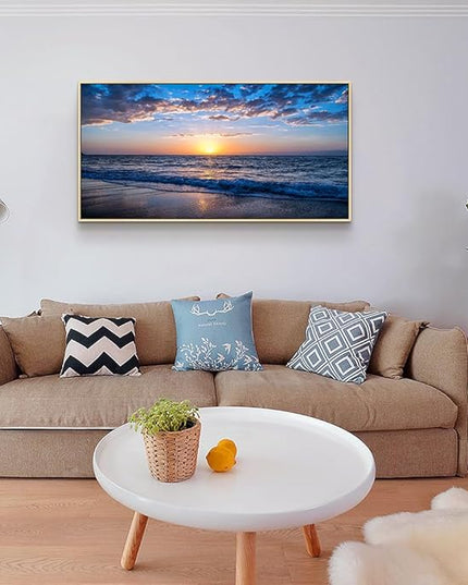 Natural Wood Framed Wall Decor Living Room Large Size Canvas Wall Art For Bedroom Office Wall Decorations Blue Sea Beach Pictures Artwork Sunny Ocean Painting Modern Room Home Decor 24" X 48"