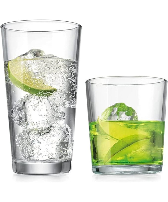 Glaver's Drinking Glasses Set of 12. Glassware set, 6 Highball Glass Cups, 6 Whiskey glasses. Classic Drinkware Set 17 oz Tall Glasses Set and 13 oz Rock Glasses.