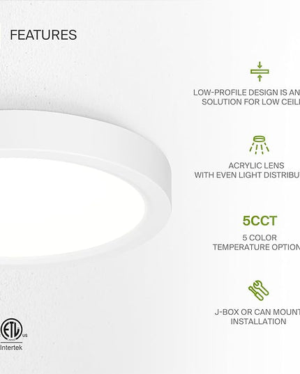 ASD LED 7" Round Flush Mount Ceiling Light Fixture, Low Profile Surface Lighting | 5CCT, Dimmable, Ultra-Thin, ETL Listed | 15W 1260LM 2700-6000K 120V | Kitchen, Bedroom, Hallway Lamp | White, 6 Pack