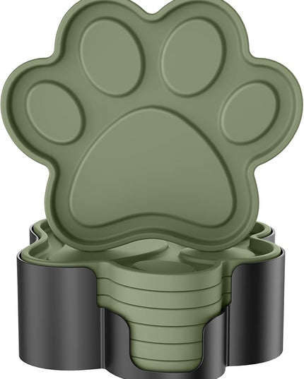 ME.FAN Silicone Coasters 6 Pack Paw Cup Mat with Holder, Dog Cat Paw Shape, for Hot or Cold Drink, Non-Slip, Non-Stick, Room Decor, Housewarming Olive Green