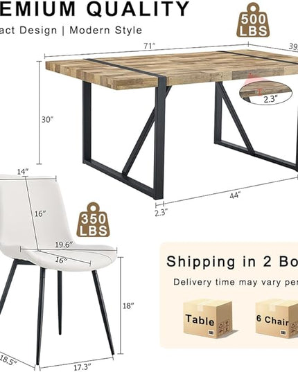 7 Piece Dining Table Set for 6, 71" Wood Kitchen Table Set with 6 PU Leather Chairs, Modern Rectangular Dining Room Table and Chairs Set for Home, Kitchen, or Living Room