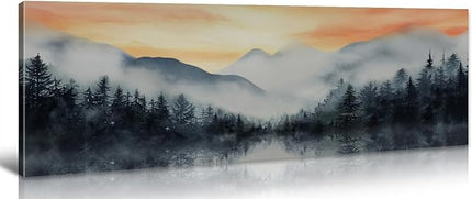 Forest Sunset Wall Art - 13.8"x45.3" Large Framed Canvas Print, Misty Mountain Landscape Painting, Nature Scenery Decor for Living Room, Bedroom, Office, Ready to Hang