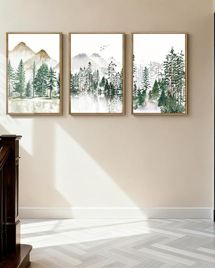 Extra Large Forest Mountain Wall Art Green Watercolor Framed Tree Painting Wall Decor for Living Room Bedroom Bathroom Office 24x36 Inch Set of 3