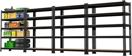 5-Tier Metal Storage Shelves: Heavy Duty Garage Shelving Adjustable Shelves for Storage - Black Utility Rack Shelf for Pantry, Warehouse, Office, Kitchen, 28" W x 12" D x 59" H, 4PCS
