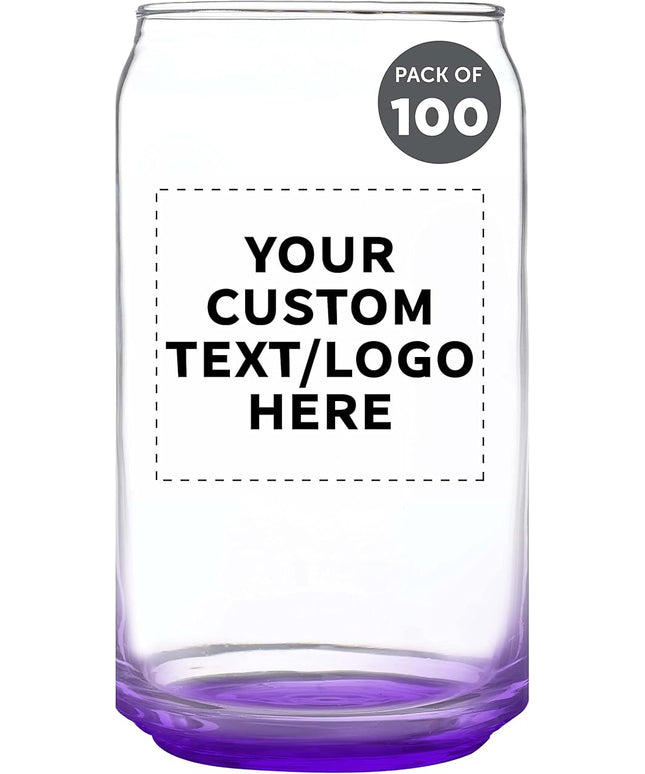 Custom Beer Can Glasses Set of 100, 16 oz. Pint Sized, Promotional Text, Logo, Soda Can Shape, Glassware, Purple