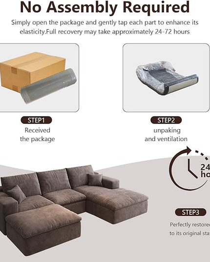 107'' U-Shaped Modern Modular Sectional Cloud Couch Whit Ottoman, 4-Seat Chenille Deep-Seat Sofa with Pillow for Living Room, Bedroom, Apartment, Camel